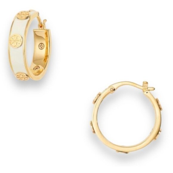 TORY BURCH WHITE AND GOLD MILLER HOOP EARRINGS - Picture 3 of 4